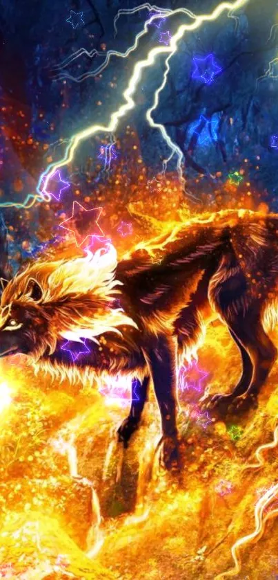 Electric fox surrounded by glowing stars and lightning in a fantasy setting.