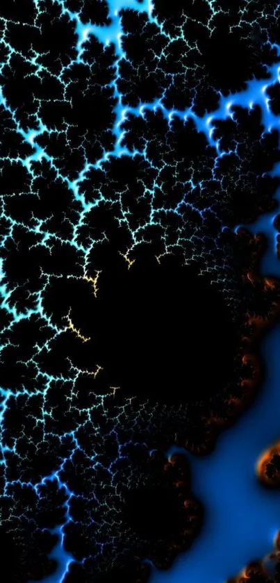 Electric blue fractal abstract design with black background.