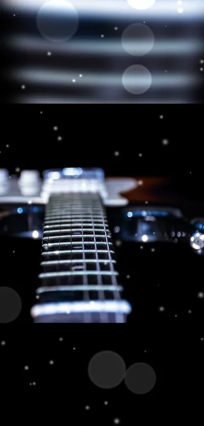 Abstract close-up of electric guitar with bokeh lights.