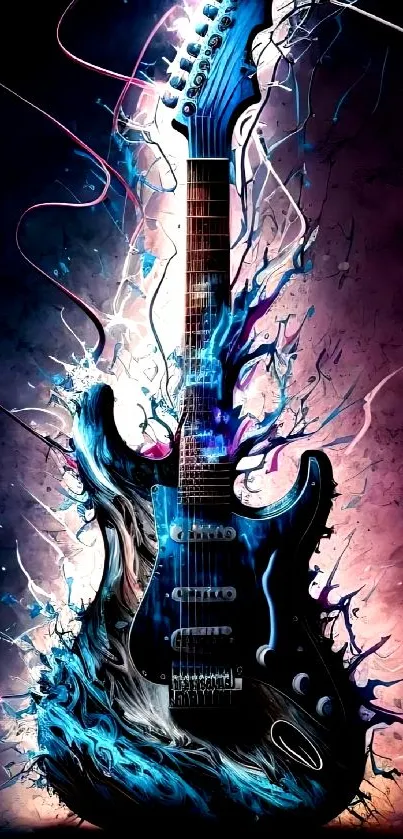 Artistic electric guitar in blue with splashes of vivid color.