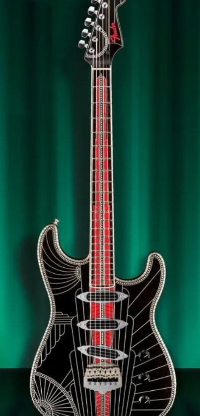 Vibrant electric guitar on green art mobile wallpaper.