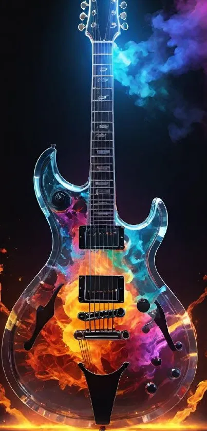 Electric guitar with vibrant flames and colors on a dark background
