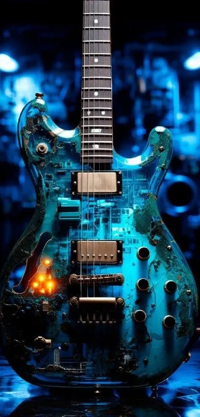 Futuristic glowing electric guitar with neon blue tones and digital elements.