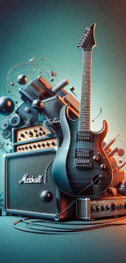 Guitar and amplifier digital art on teal background.