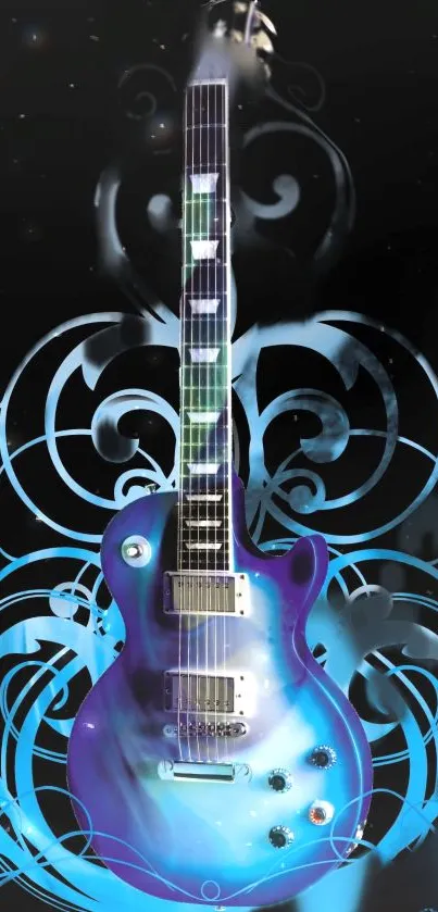 Blue electric guitar with swirling patterns on mobile wallpaper.