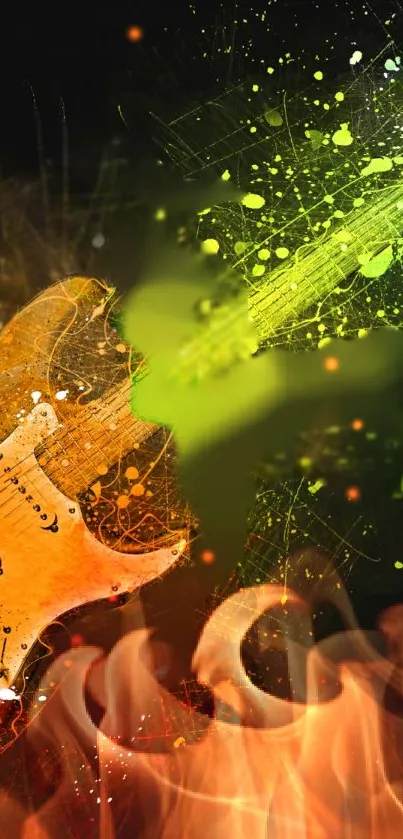 Fiery electric guitar with vibrant abstract art.