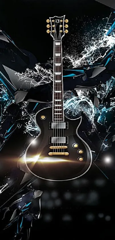 Electric guitar with shattered glass effect and vibrant lighting on a dark background.