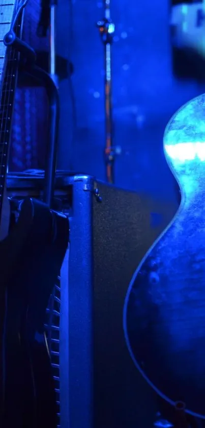 Blue-themed electric guitars in an artistic display with vibrant tones.