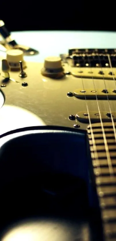 Close-up of electric guitar strings with a dark blue and black background.