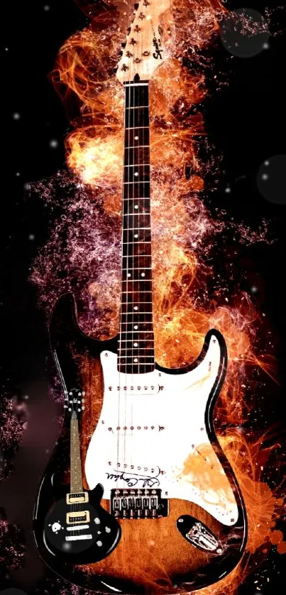 Dynamic electric guitar wallpaper with fiery design on black background.