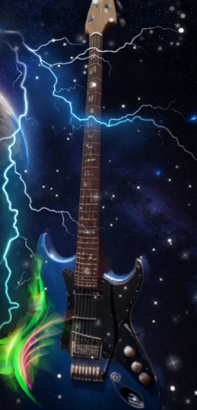 Electric guitar with lightning in cosmic galaxy background.