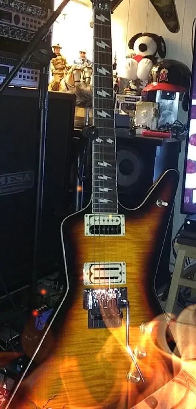 Electric guitar in a studio with musical decor.