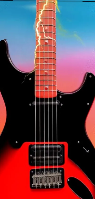 Vibrant electric guitar with lightning bolt design on colorful background.