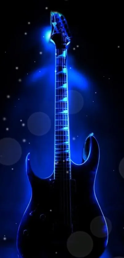 Electric guitar with neon blue glow and dark background.