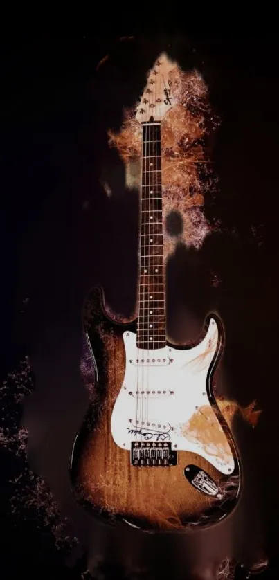 Artistic electric guitar with sparks on dark brown background wallpaper.