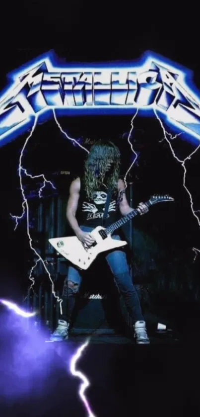 Guitarist with electric lightning backdrop on stage.