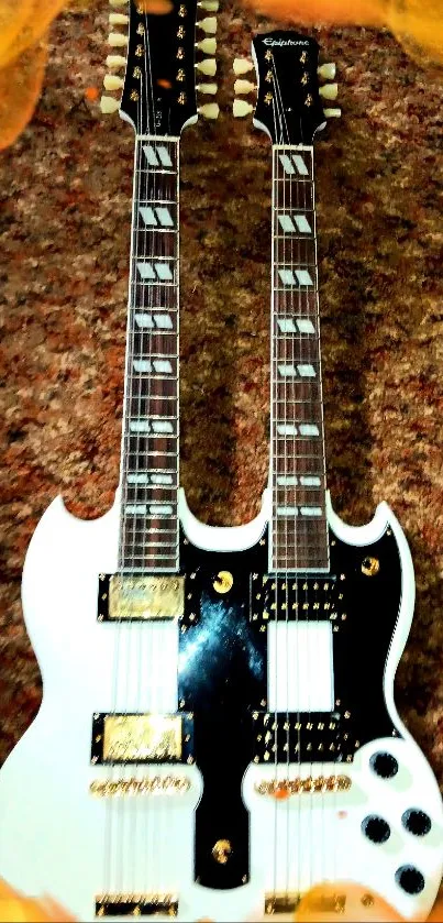 Double-neck electric guitar on textured background.