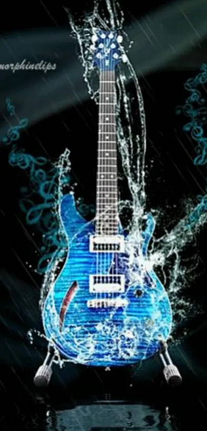 Blue electric guitar with water splash effect on black background.