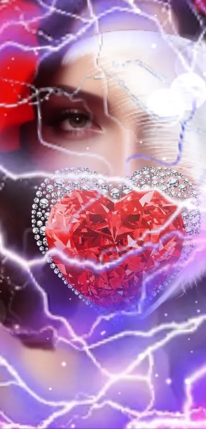 A vibrant mobile wallpaper featuring a jeweled heart with electric purple streaks.