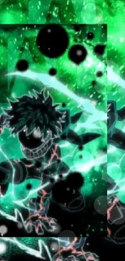 Anime hero with electric powers in a vibrant green scene.