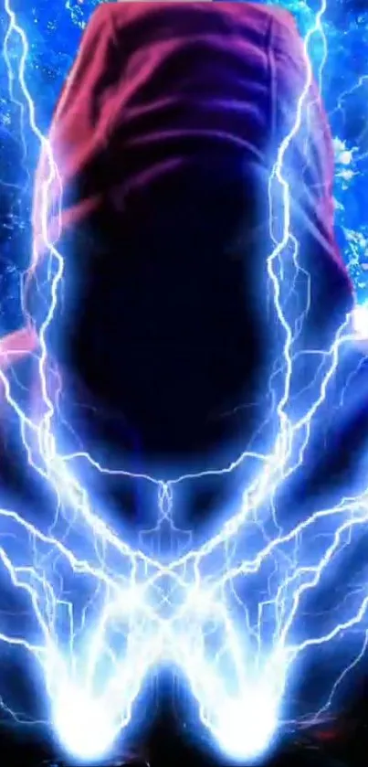 Hooded figure with electric blue lightning on a vibrant wallpaper.