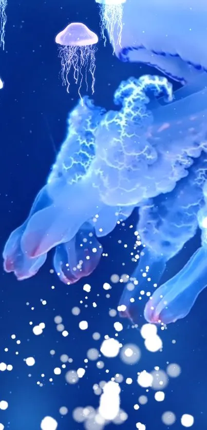 Mesmerizing electric jellyfish glowing underwater in a vibrant blue ocean scene.