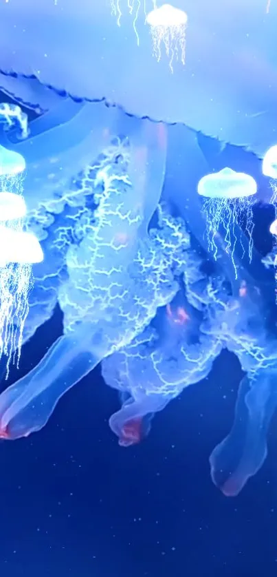 A glowing, electric blue jellyfish in an underwater scene with vibrant lighting.