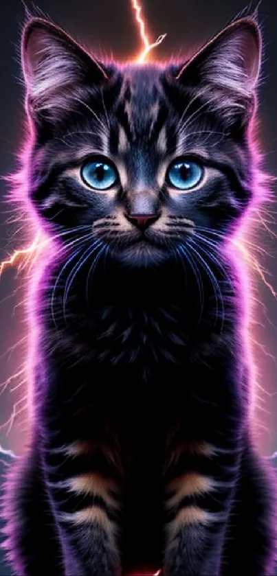 Stunning electric kitten with glowing eyes and vibrant lightning effects.