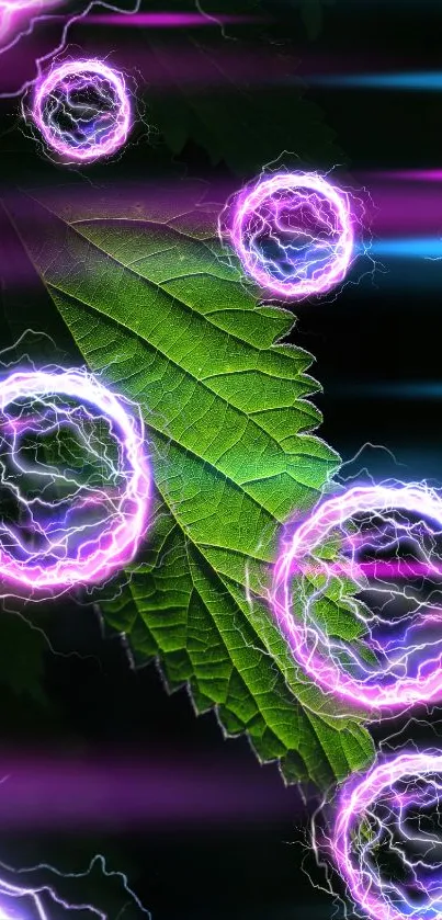 Dynamic electric leaf with luminous purple energy rings on a dark background.