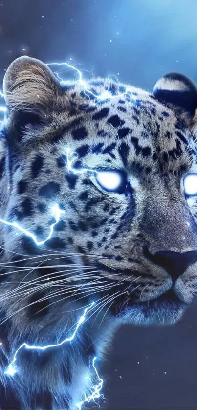 Electric leopard with blue lightning in captivating mobile wallpaper design.
