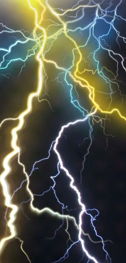 Vivid electric lightning with blue and yellow hues on a dark backdrop.