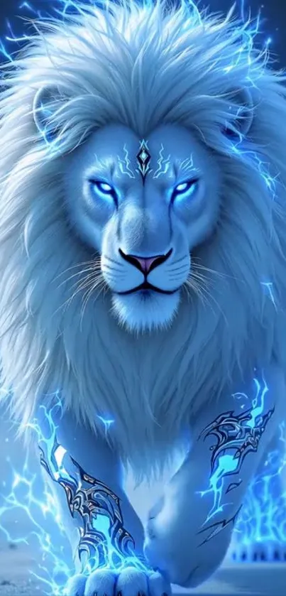 Electric lion with blue glow in fantasy art wallpaper.