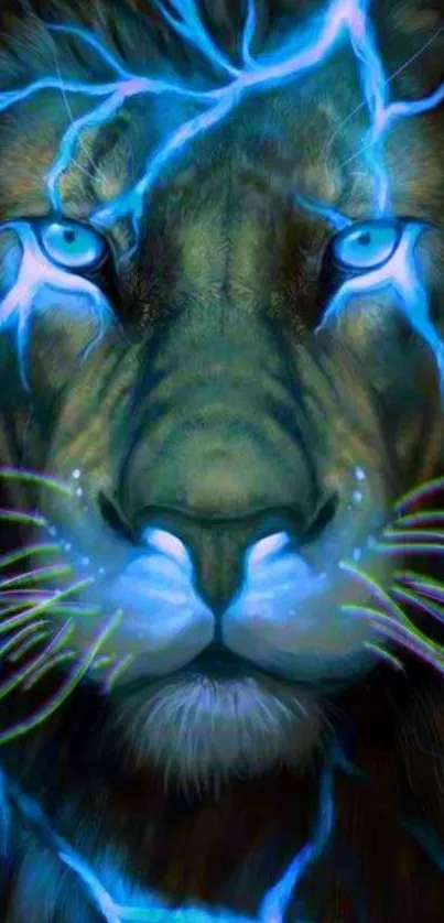 Electric blue lion face with lightning accents.