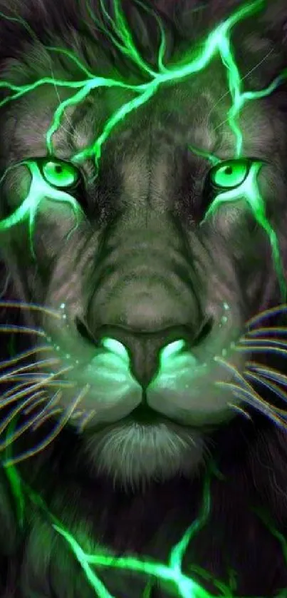 Electric green lion face with glowing eyes and dark background.