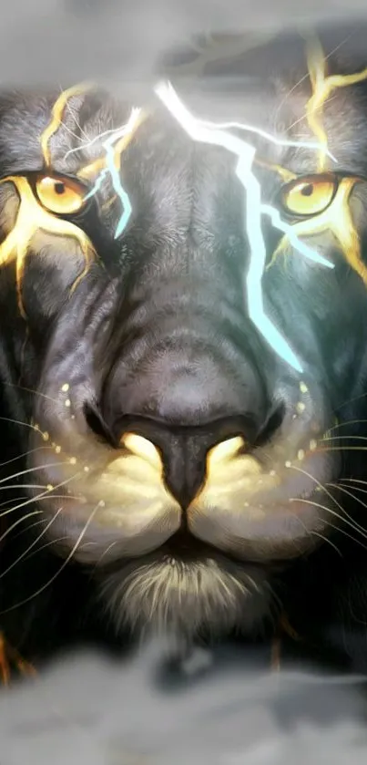 Electric lion wallpaper with vibrant lightning effects.