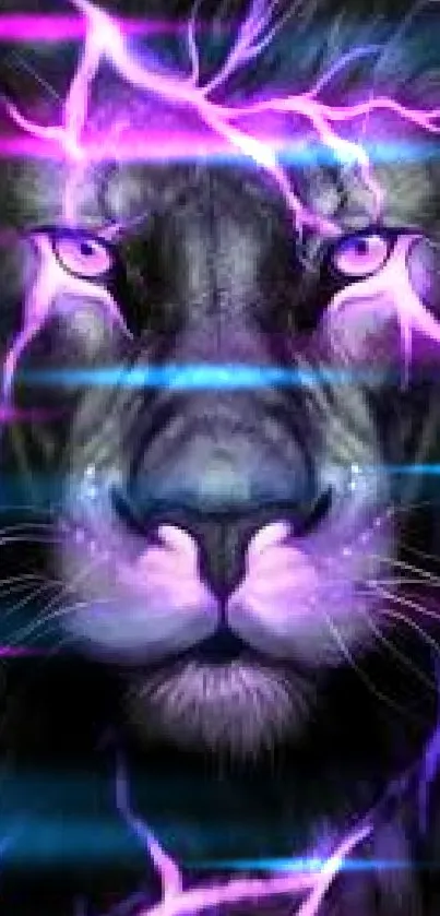 Electric lion with purple lightning and glowing eyes.