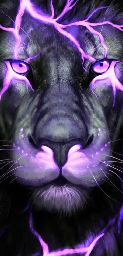 Electric lion with purple light lines, striking phone wallpaper.