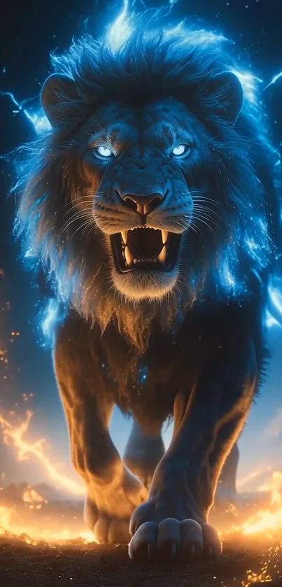 Majestic lion with electric blue mane and fiery background in vivid detail.