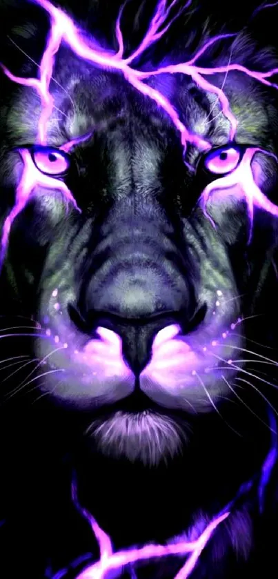 Electric lion with purple lightning effect in digital art wallpaper.