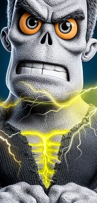 Cartoon monster with electric energy bursts and intense expression