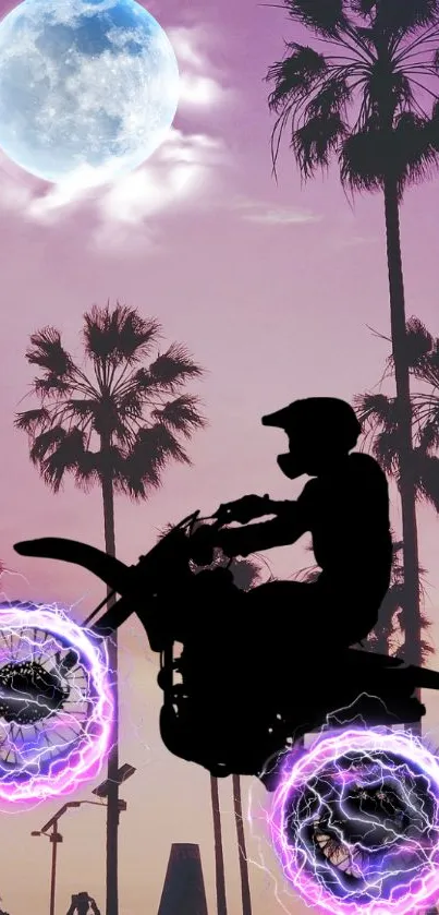 Electric motorcycle silhouette against pink sky with palm trees.