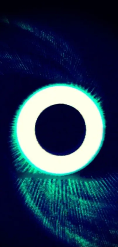 Abstract neon circle with turquoise glow on black background.