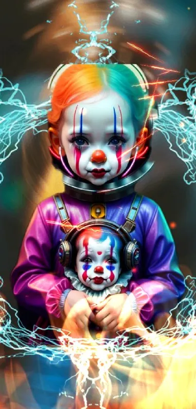 Neon clown with electric aura on mobile wallpaper.