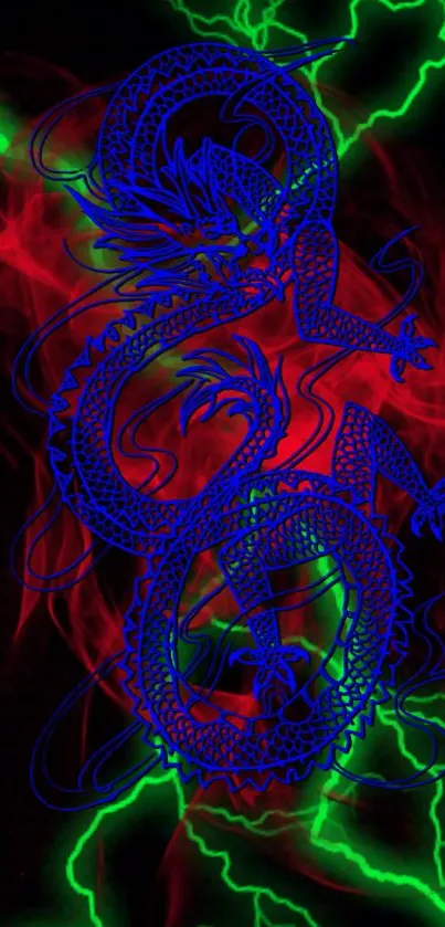 Vibrant neon dragon on an electric background with green and red hues.