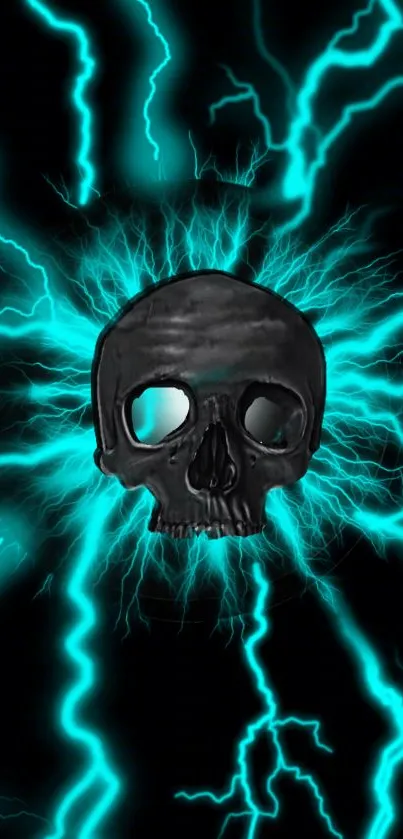 Neon skull with electric blue lightning on black background.