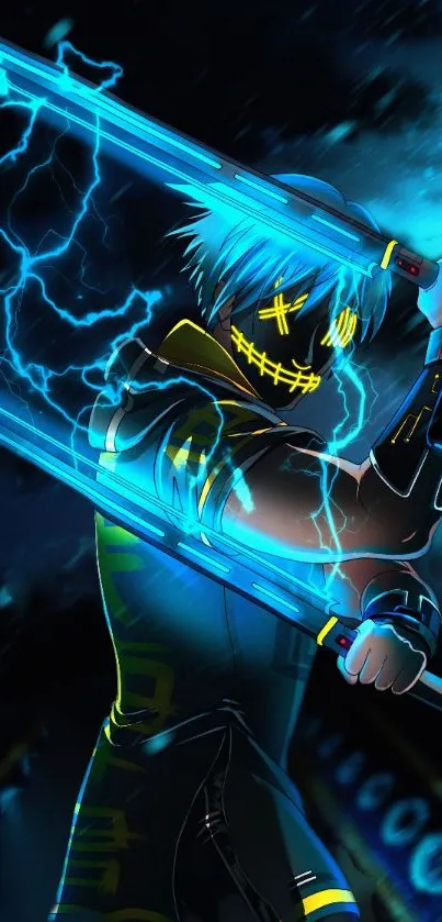 Electric ninja with neon blue swords and lightning on wallpaper.