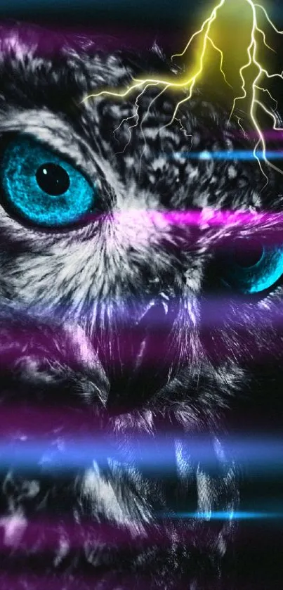 Electric neon owl with blue eyes and lightning effects in a dark theme wallpaper.