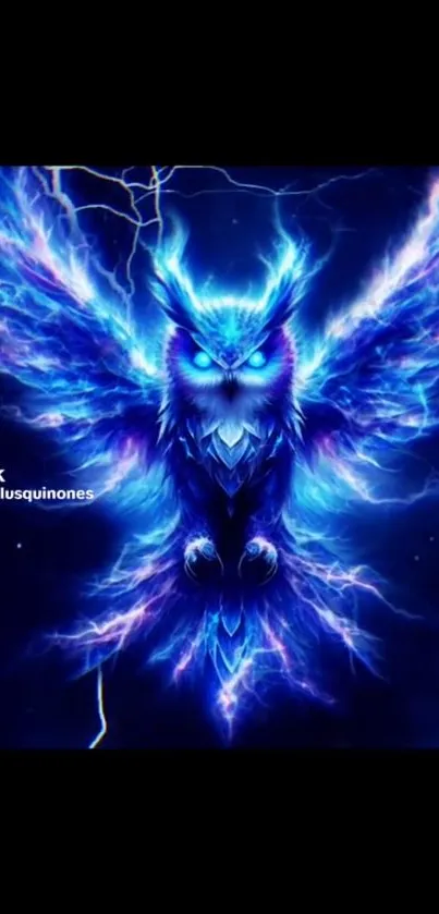 Neon blue electric owl with glowing wings and lightning effects.