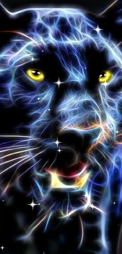 Electric panther with neon blue design on black background.