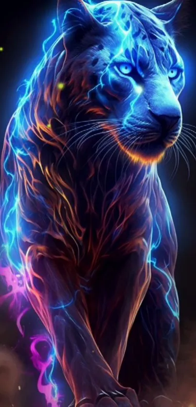 A glowing neon panther with electric blue and pink hues, set on a dark background.